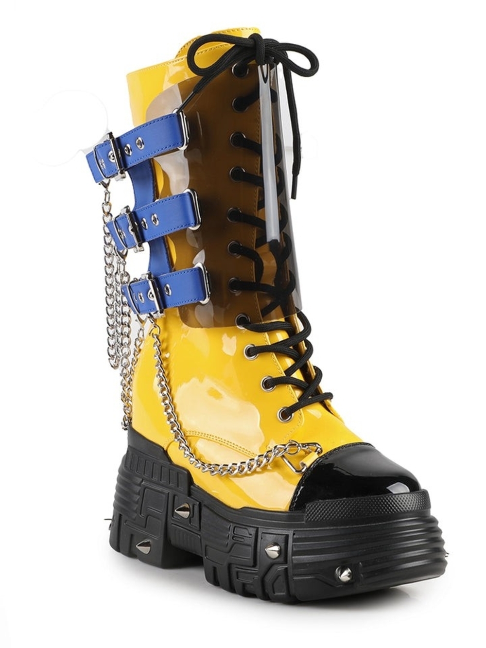 WTF by Anthony Wang Zest Multi Platform Combat Boots Yellow Blue Chain Size 10